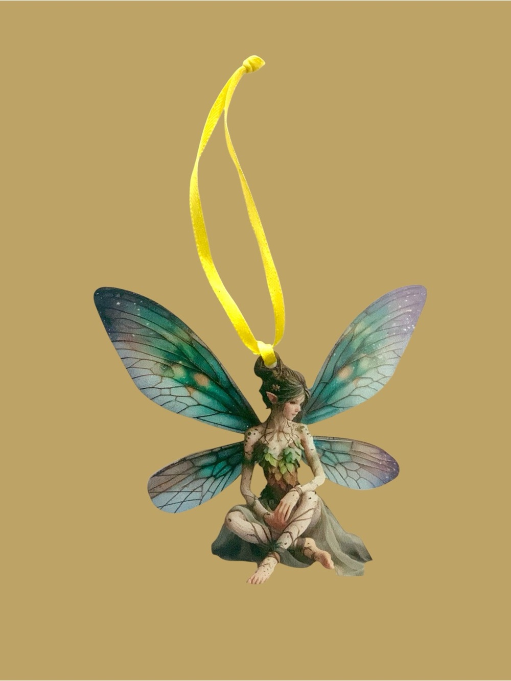 Teal & Purple Fairy Wing Ornament with Yellow Ribbon